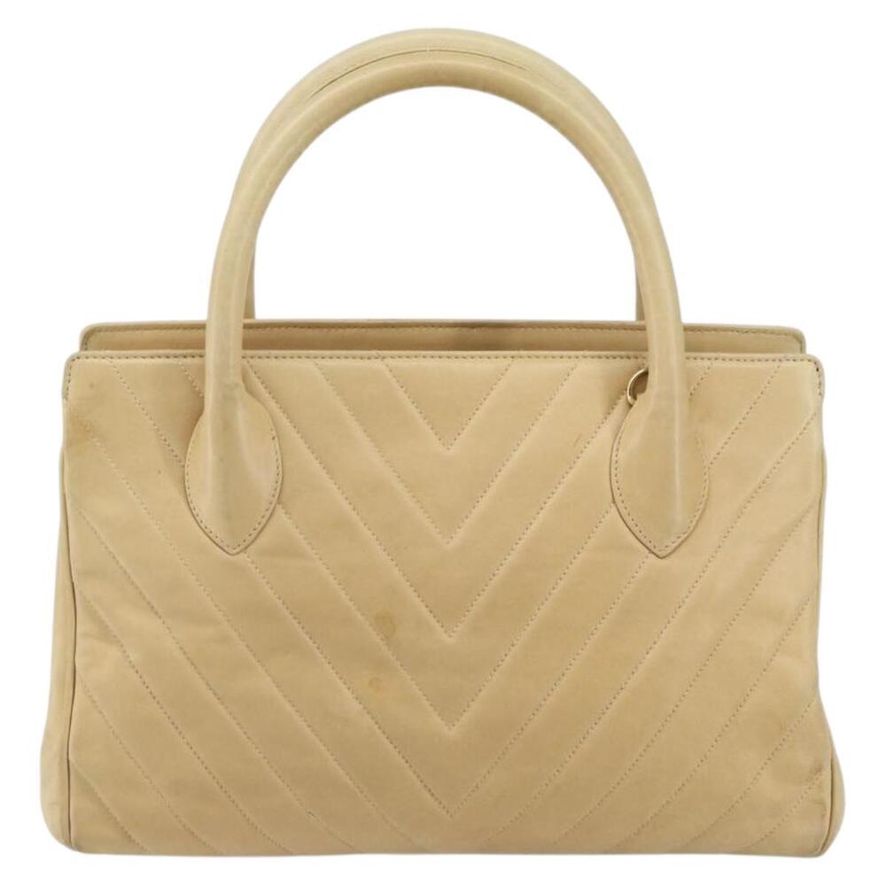 CHANEL V Stitch Hand Bag Leather Beige Gold CC Auth BA9348 - Picture 13 of 16